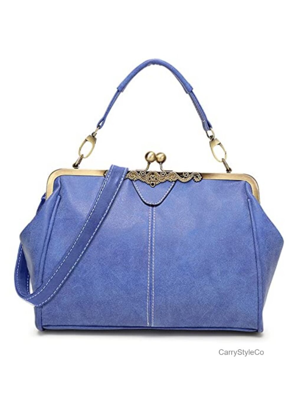 Frosted Leather Handbag Kiss Lock Satchel Hobo Shoulder Bag Medium Tote Purse